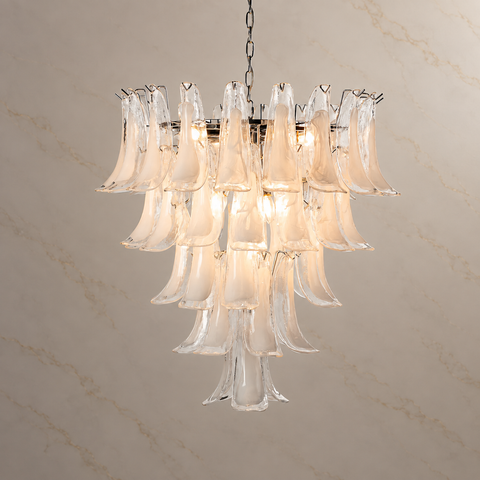 Virelia Clear Glass Curved Petal Chandelier illuminated