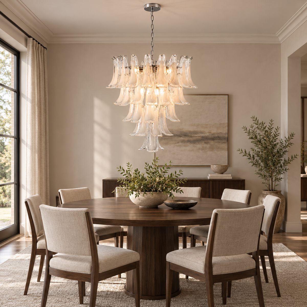 clear glass curved petal tiered chandelier dining room scene