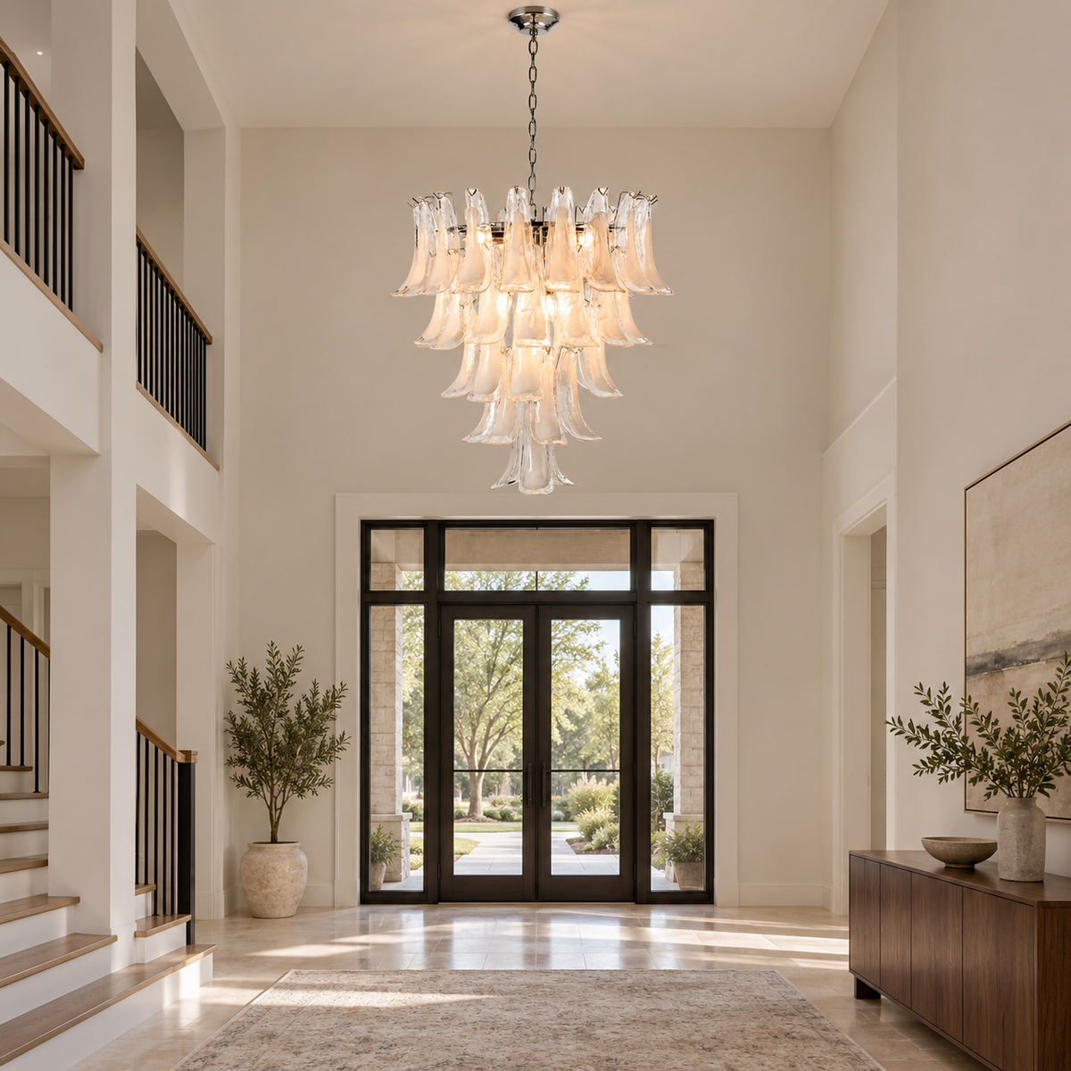 clear glass curved petal tiered chandelier foyer scene