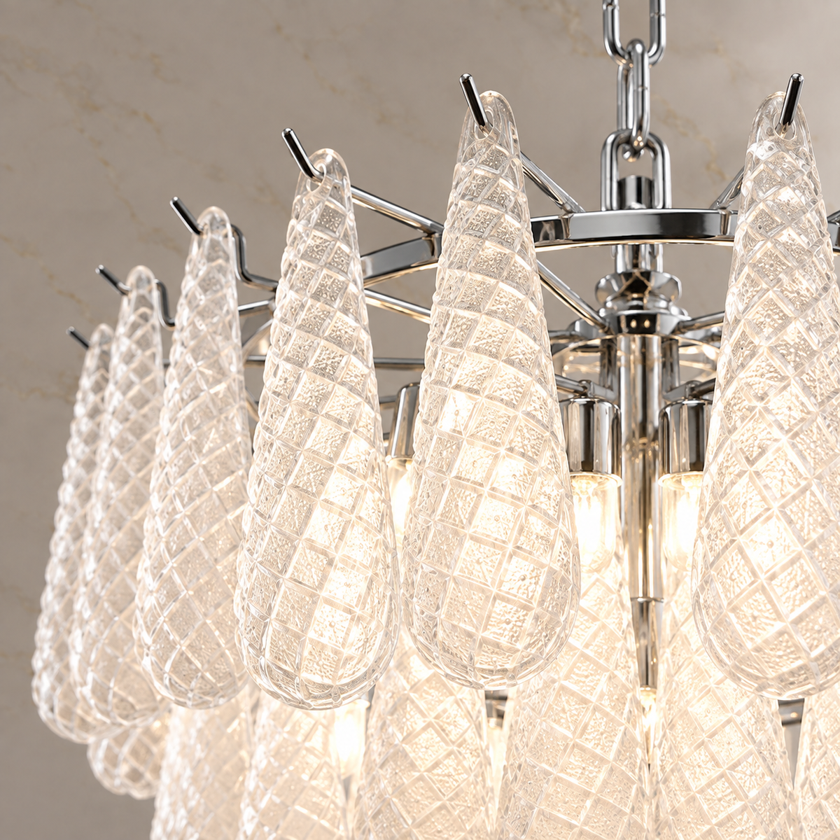 clear textured glass teardrop tiered chandelier body detail
