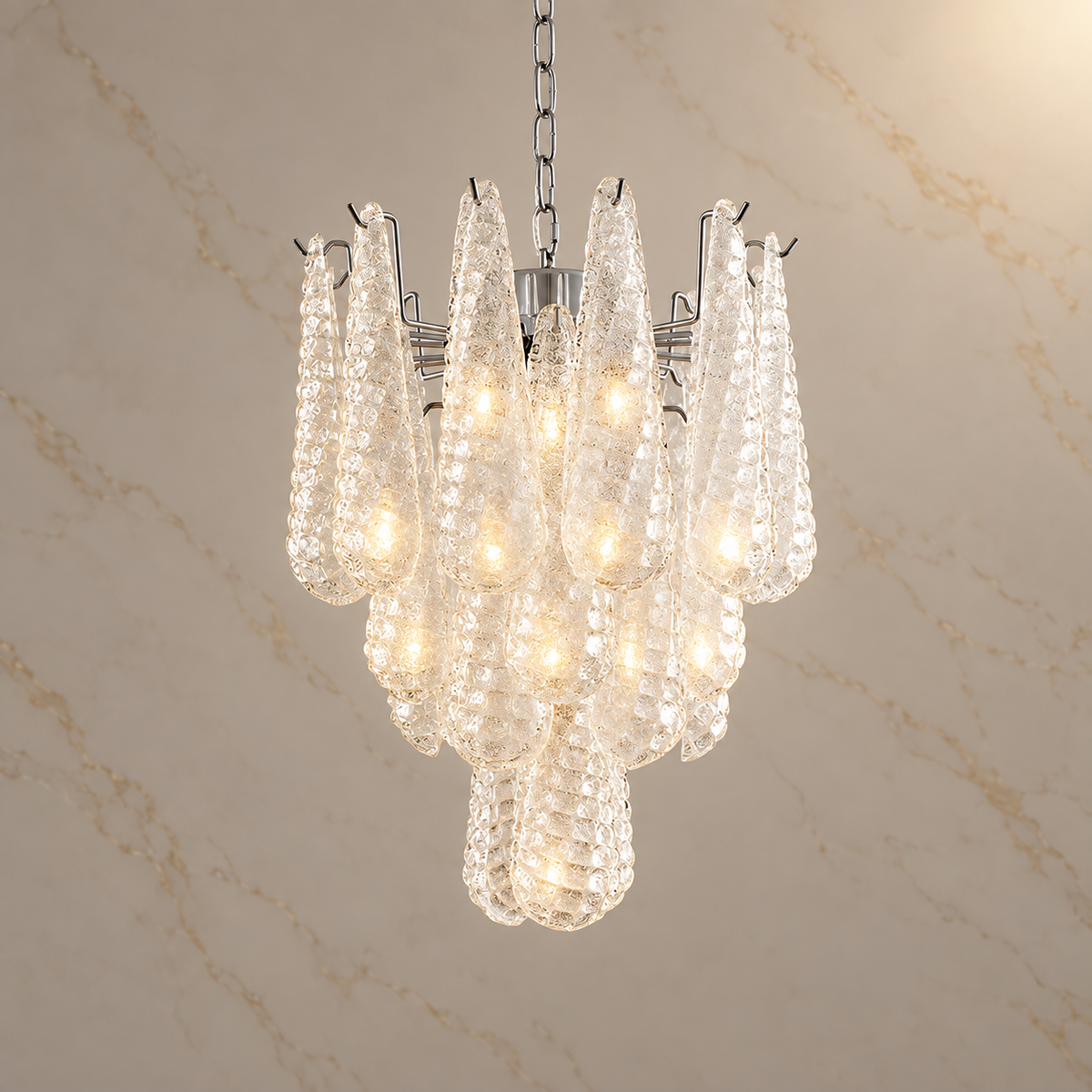 clear textured glass teardrop tiered chandelier chrome 50x67cm light on