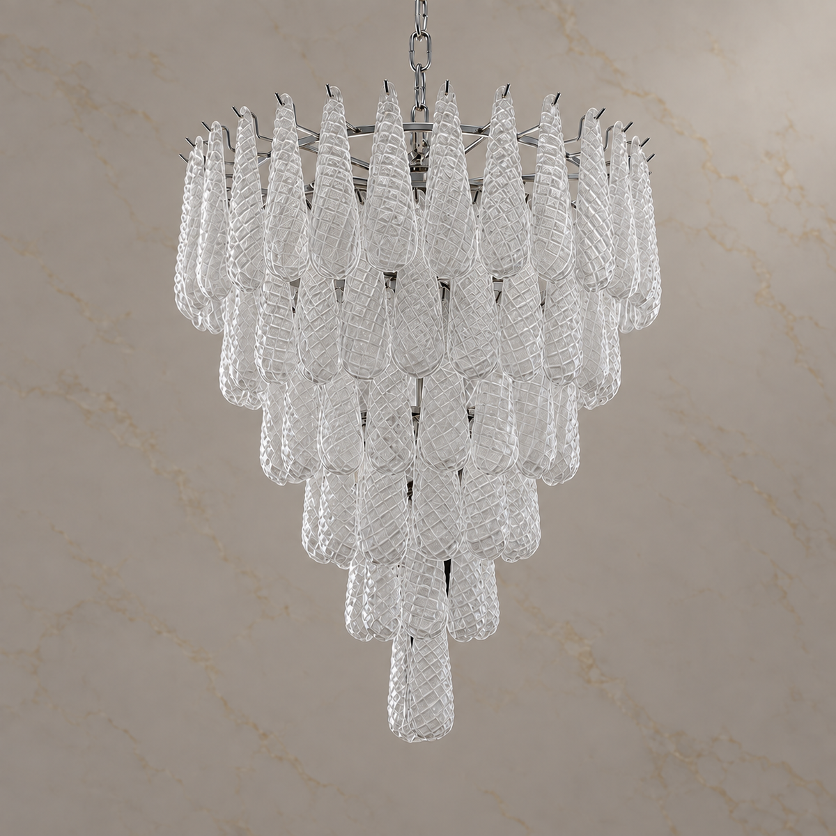 clear textured glass teardrop tiered chandelier chrome 80x97cm light off