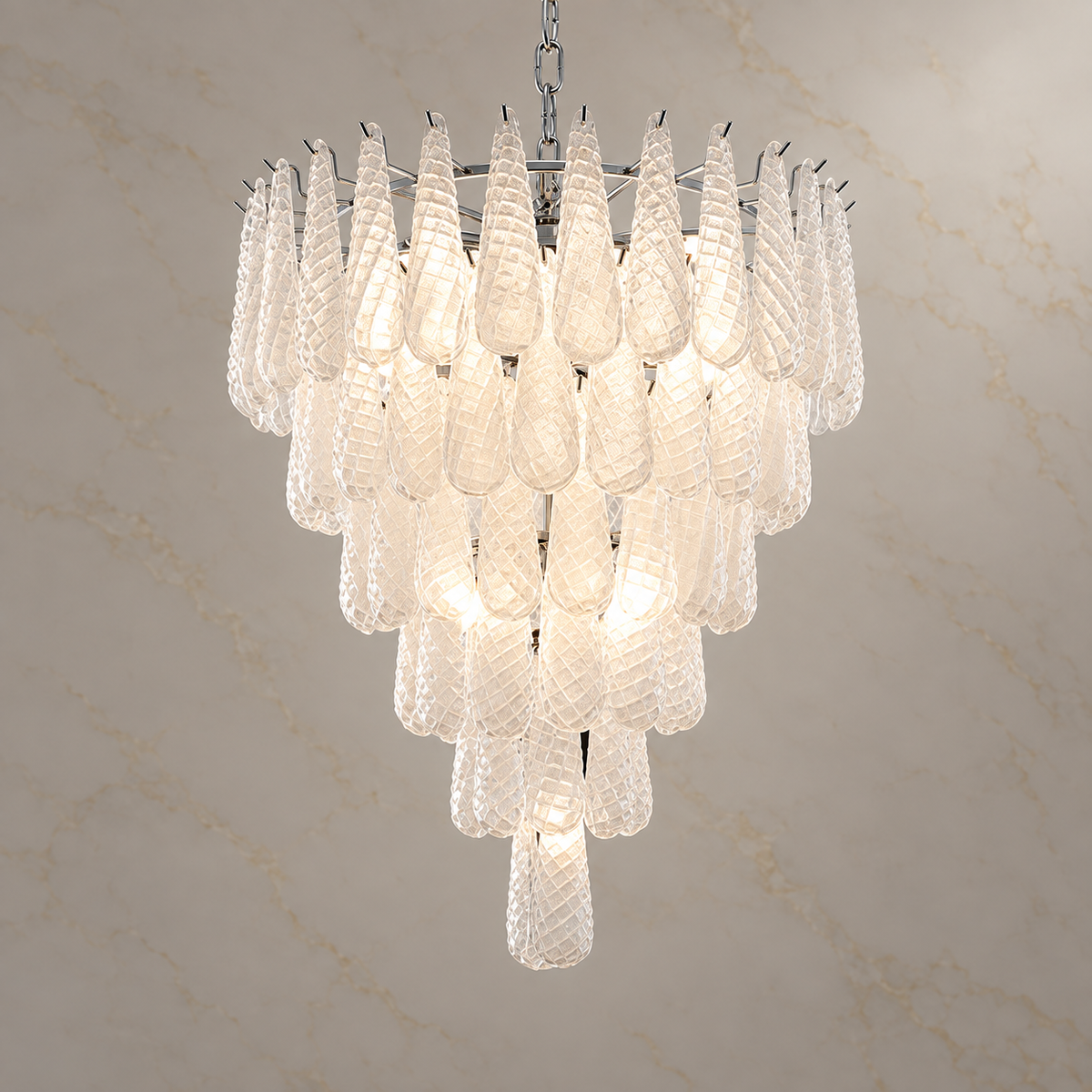 clear textured glass teardrop tiered chandelier chrome 80x97cm light on