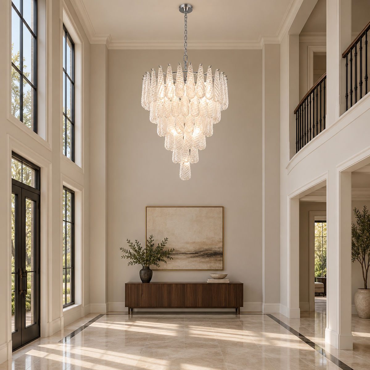 clear textured glass teardrop tiered chandelier foyer scene