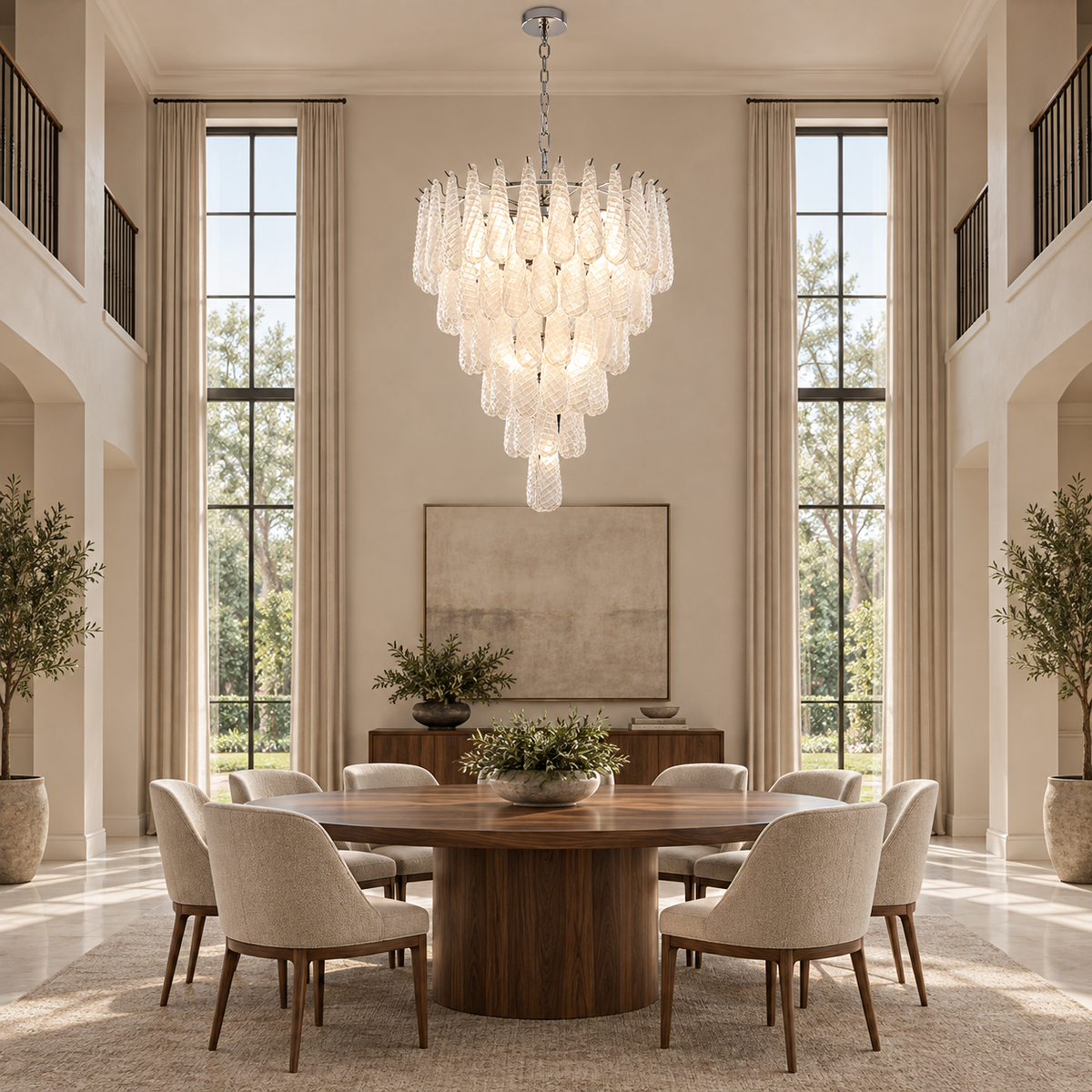 clear textured glass teardrop tiered chandelier high ceiling dining room scene