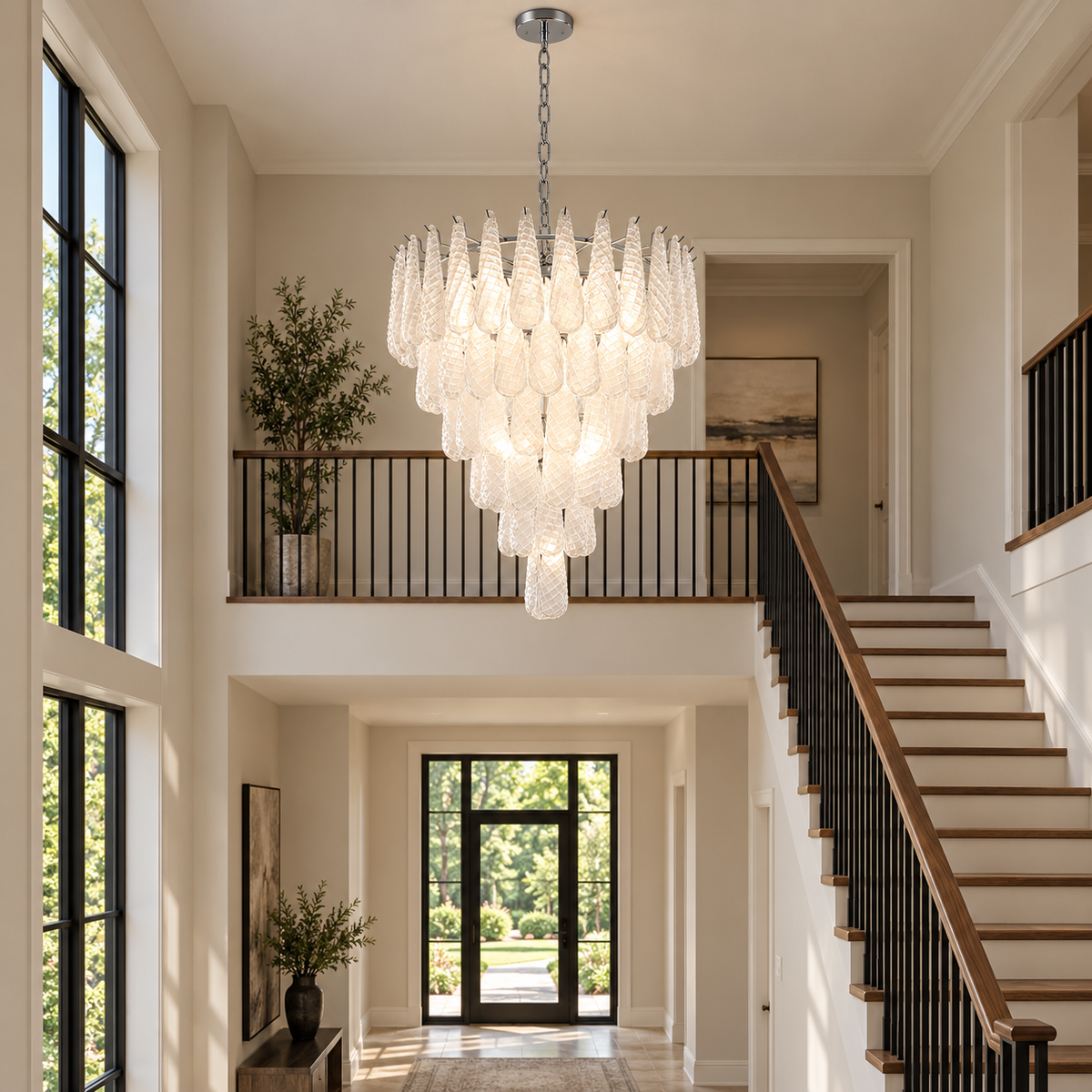 clear textured glass teardrop tiered chandelier living room scene