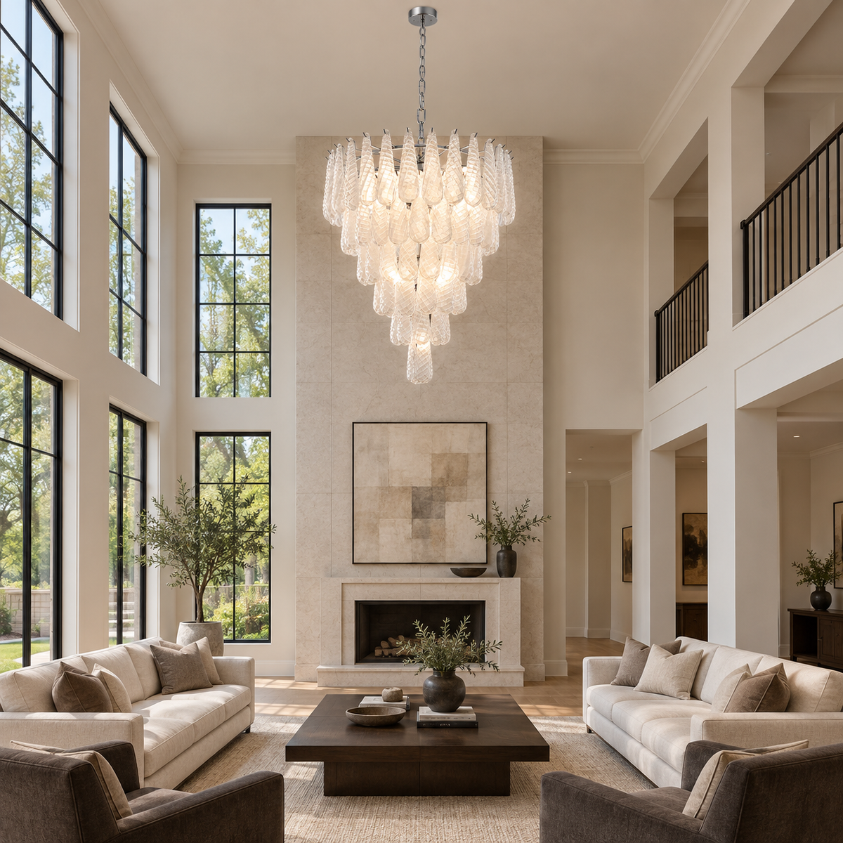 clear textured glass teardrop tiered chandelier stairwell scene