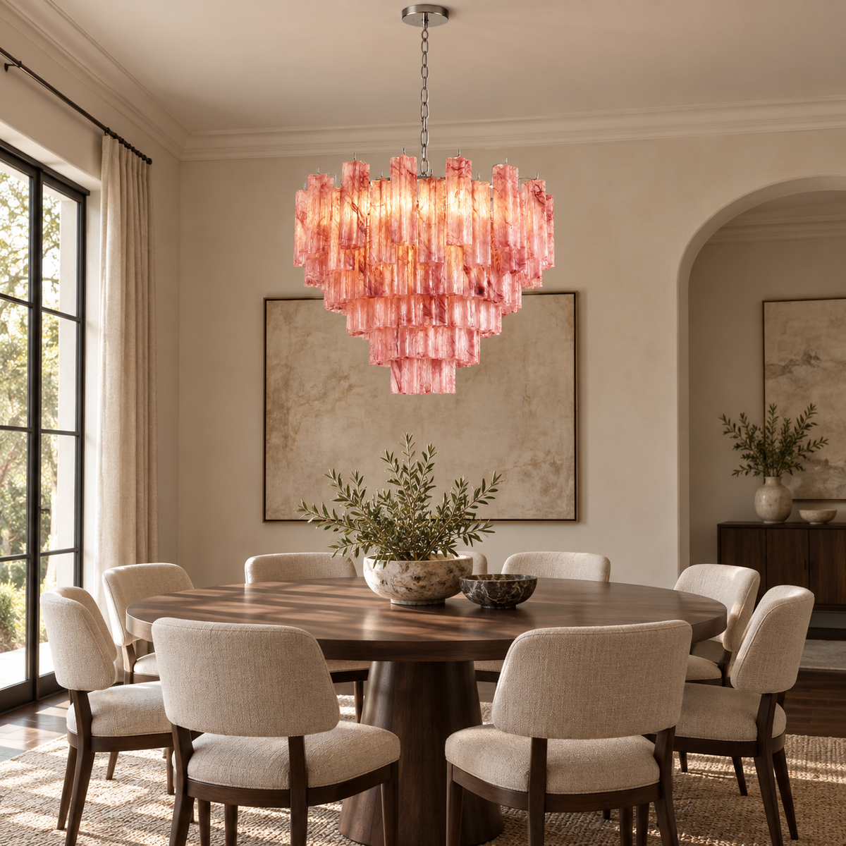 cloud pink glass tiered round chandelier dining room scene