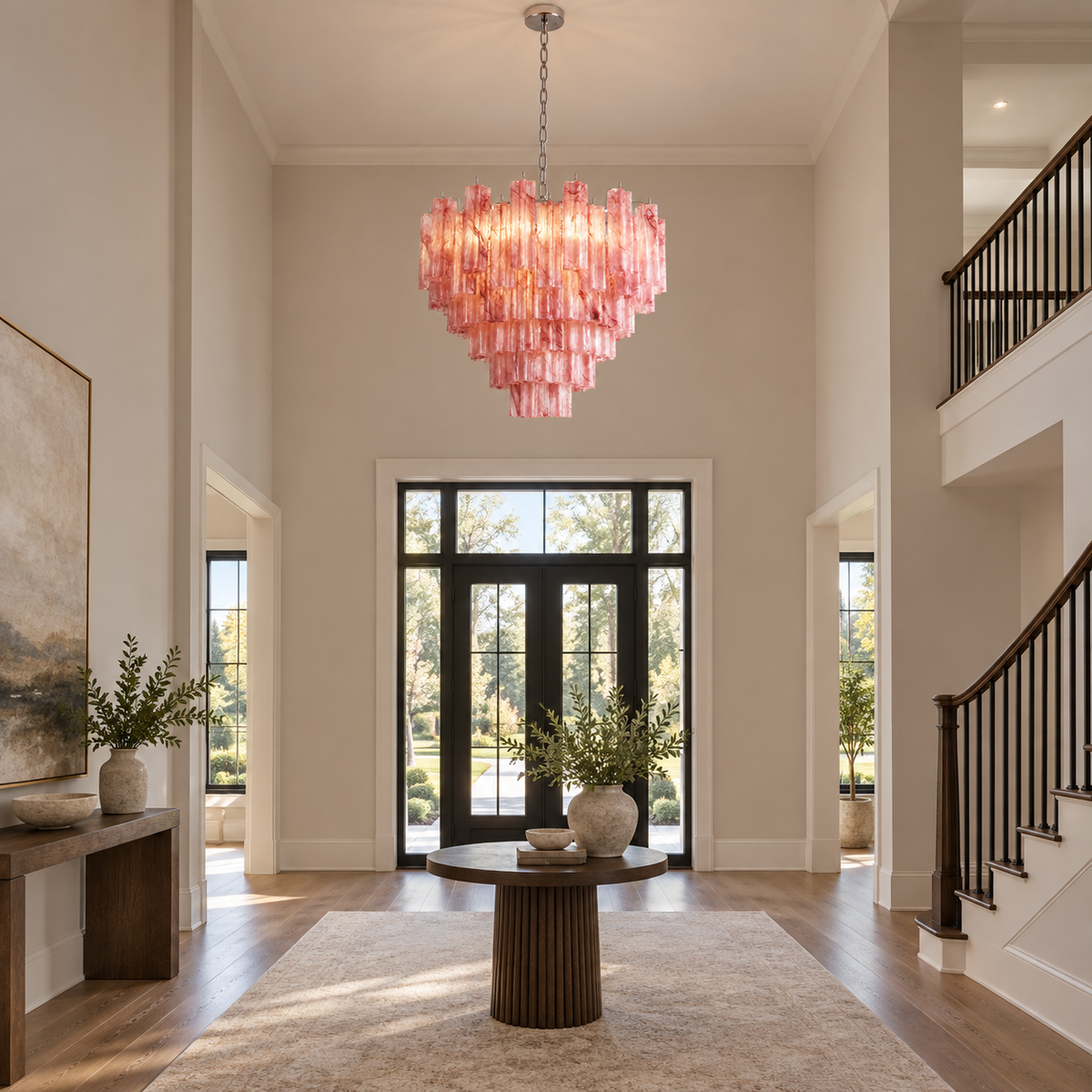 cloud pink glass tiered round chandelier foyer scene