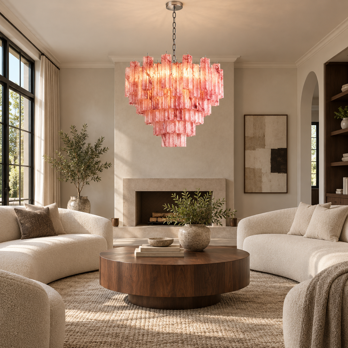 cloud pink glass tiered round chandelier living room scene