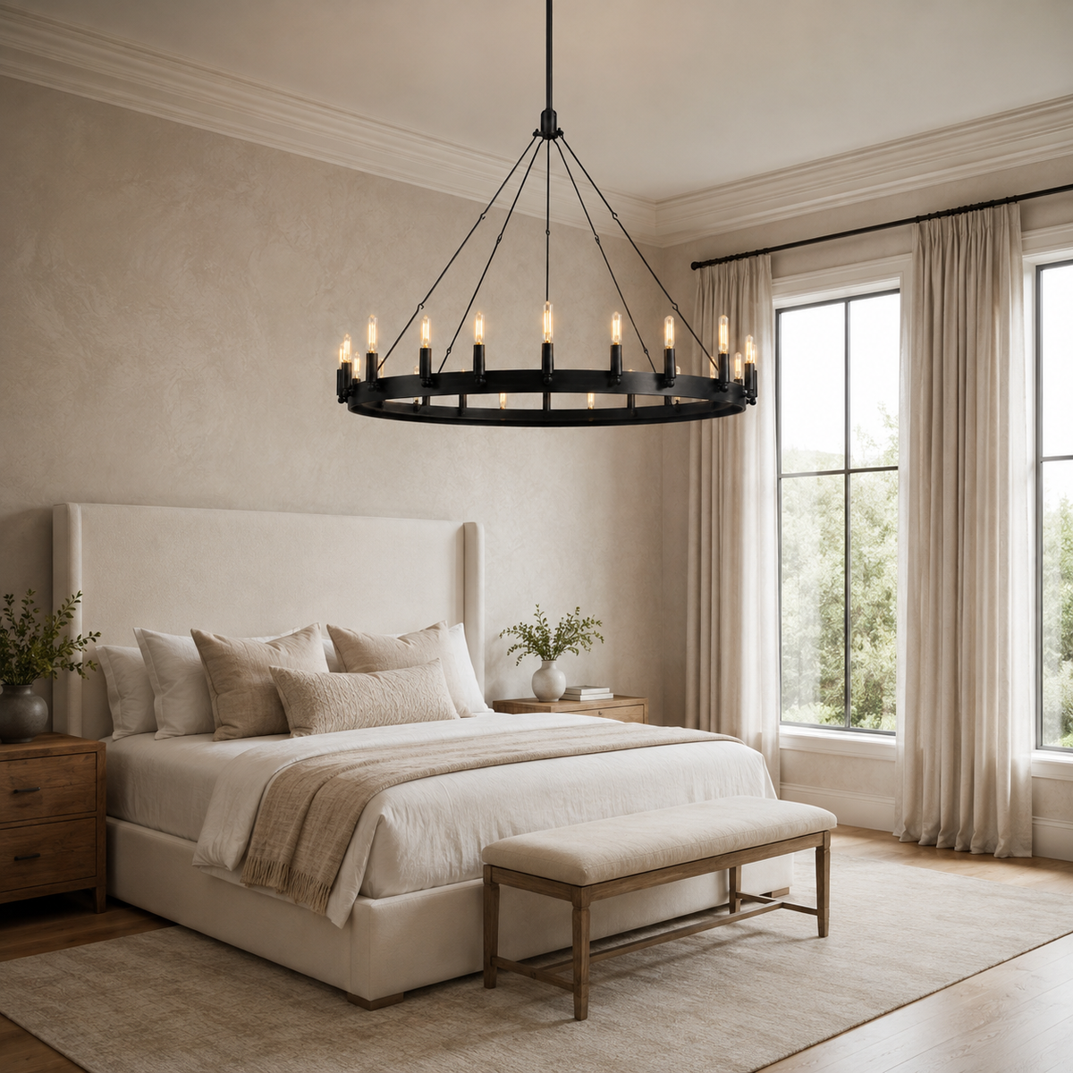 Cominv Metal Round Candelabra Chandelier in black in a bedroom