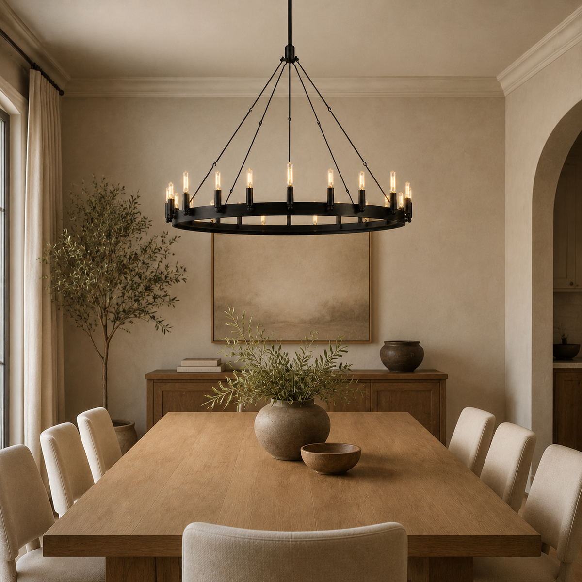 Cominv Metal Round Candelabra Chandelier in black in a dining room
