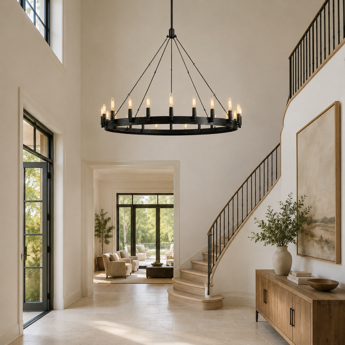 Cominv Metal Round Candelabra Chandelier in black in a foyer