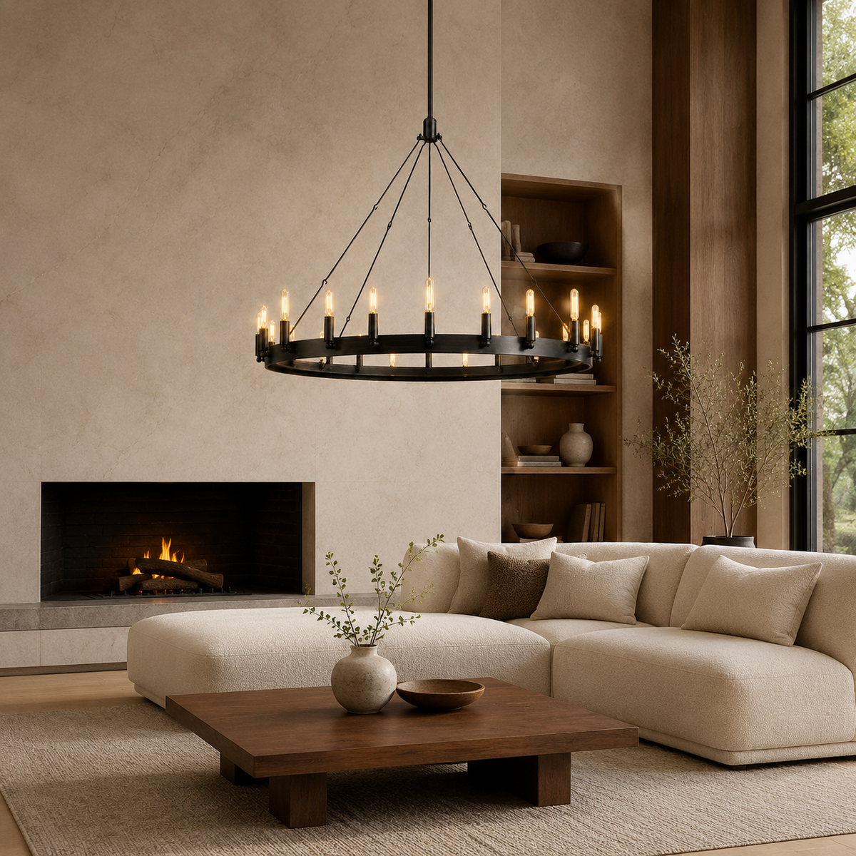 Cominv Metal Round Candelabra Chandelier in black in a living room