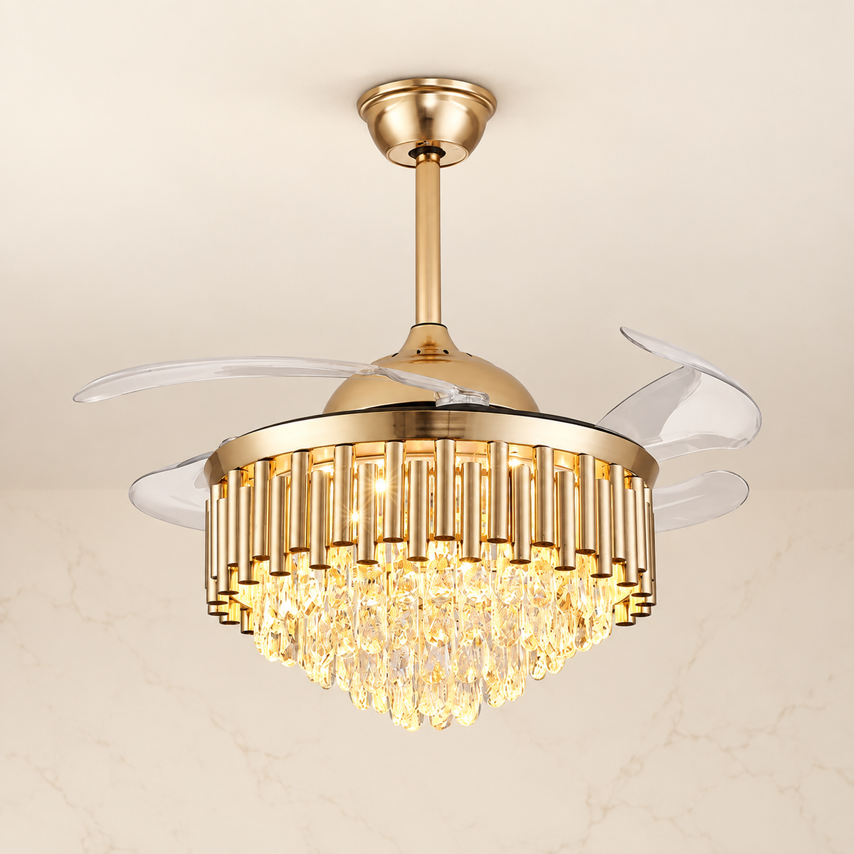 42-inch Crownelle K9 Crystal Retractable Fandelier material and finish detail