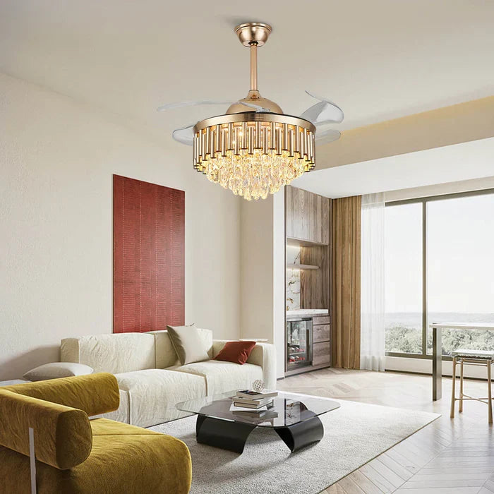 Crownelle Luxury K9 Crystal Retractable Ceiling Fan Chandelier in a bright living room — mounted on a white ceiling, enhancing the modern decor with its golden finish and crystal details