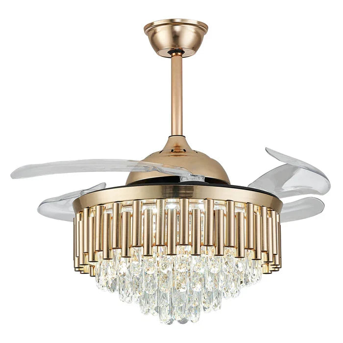 Crownelle Luxury K9 Crystal Retractable Ceiling Fan Chandelier in a turned-off state — displaying the sleek gold structure and clear retractable blades against a white ceiling