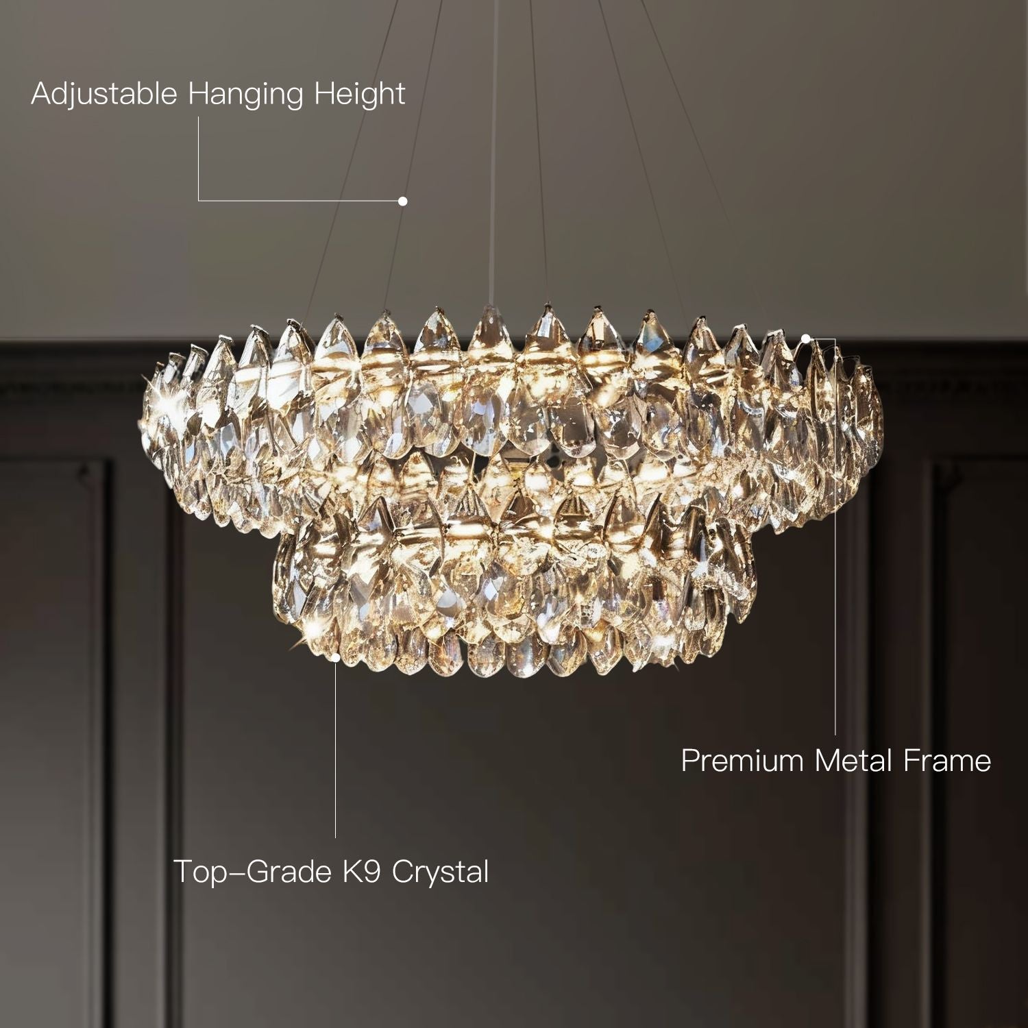 Close-up of Crystal Dual Tier Water Drop Chandelier — precision-cut teardrop crystals, gold-tone metal framework, and light refraction creating rainbow sparkle | Carra Home