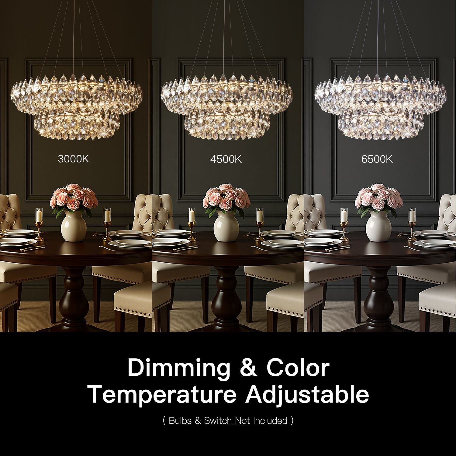 Crystal Dual Tier Water Drop Chandelier dimming demonstration — 3000K warm, 4500K neutral, 6500K cool white, showcasing adjustable brightness and color temperature | Carra Home