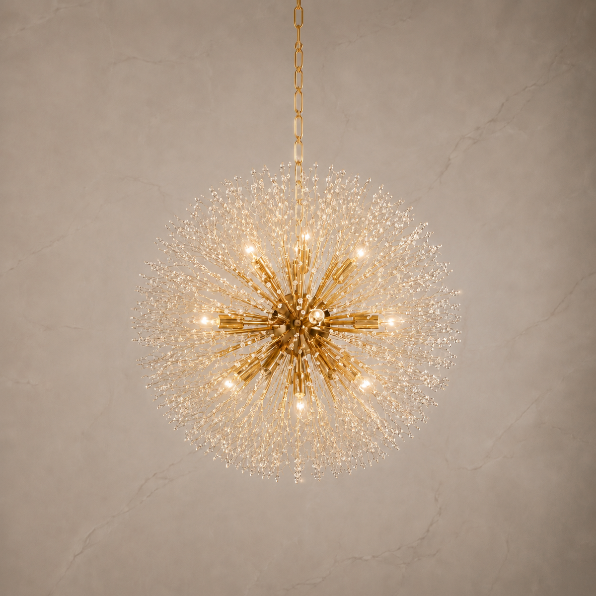 Dandelion crystal round chandelier in Gold, 16 lights, illuminated