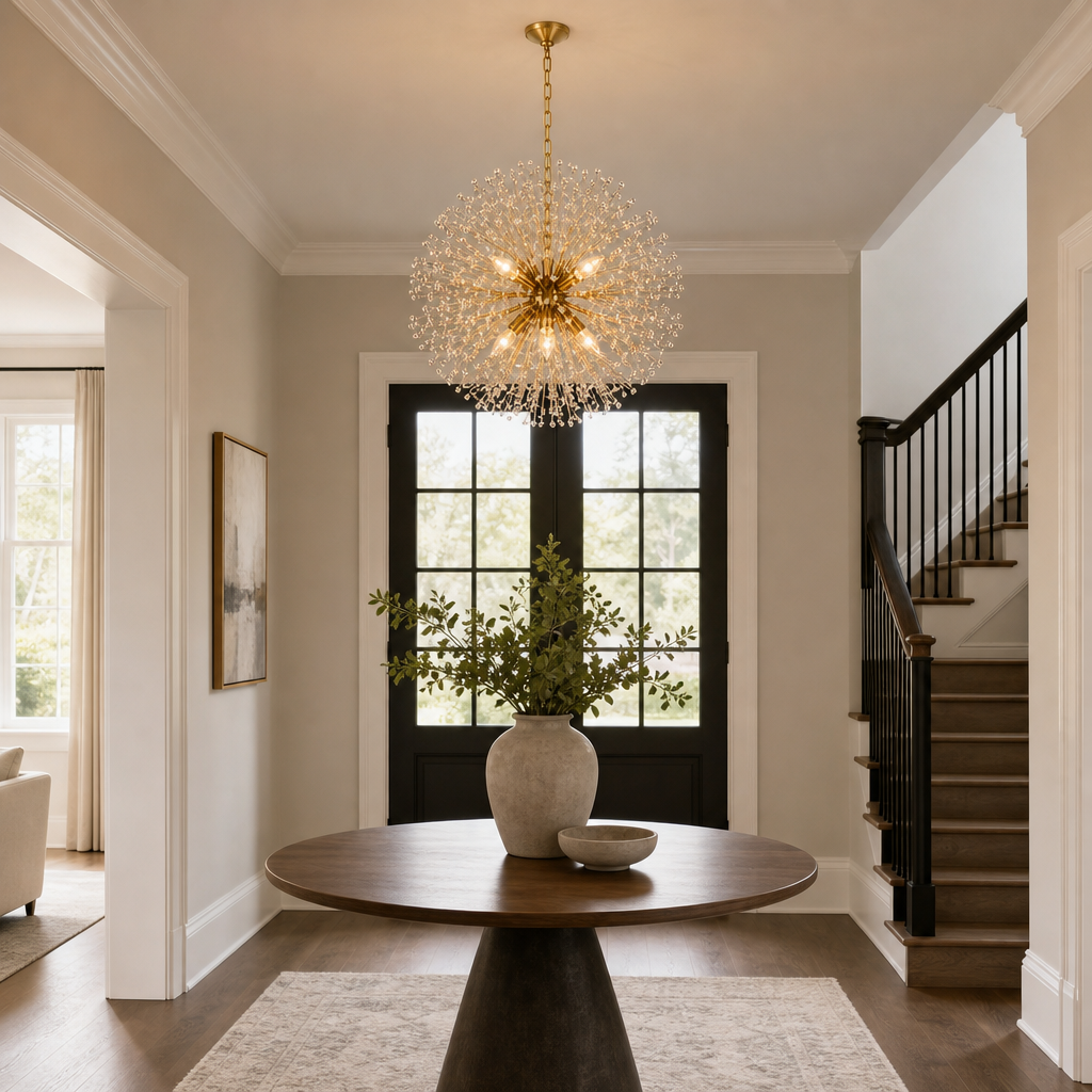 Dandelion crystal round chandelier in a foyer