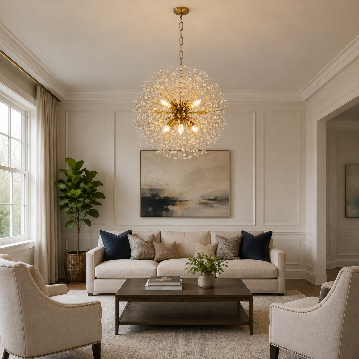 Dandelion crystal round chandelier in a living room
