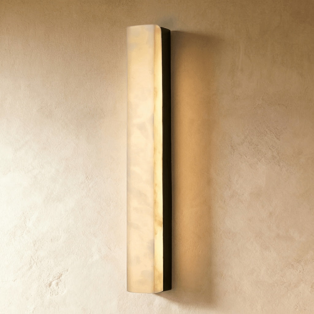 Dara Alabaster Linear Wall Sconce black hardware; source product view | CARRA HOME