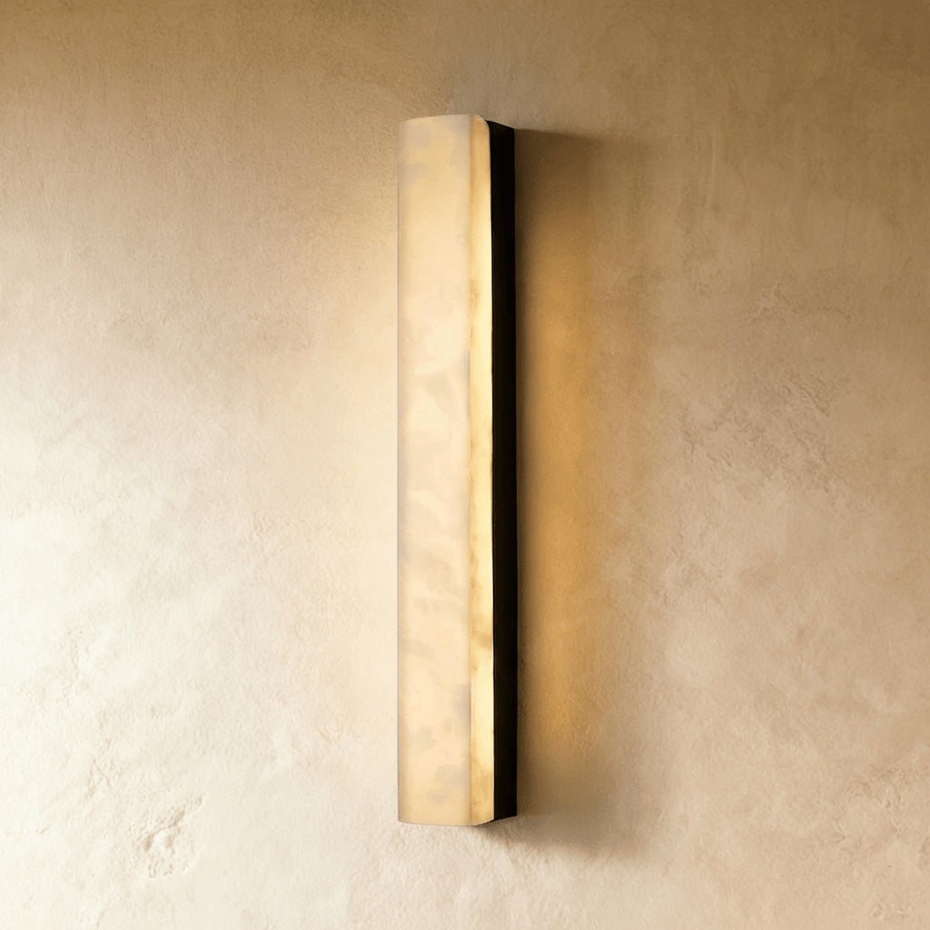 Dara Alabaster Linear Wall Sconce black hardware; source product view | CARRA HOME