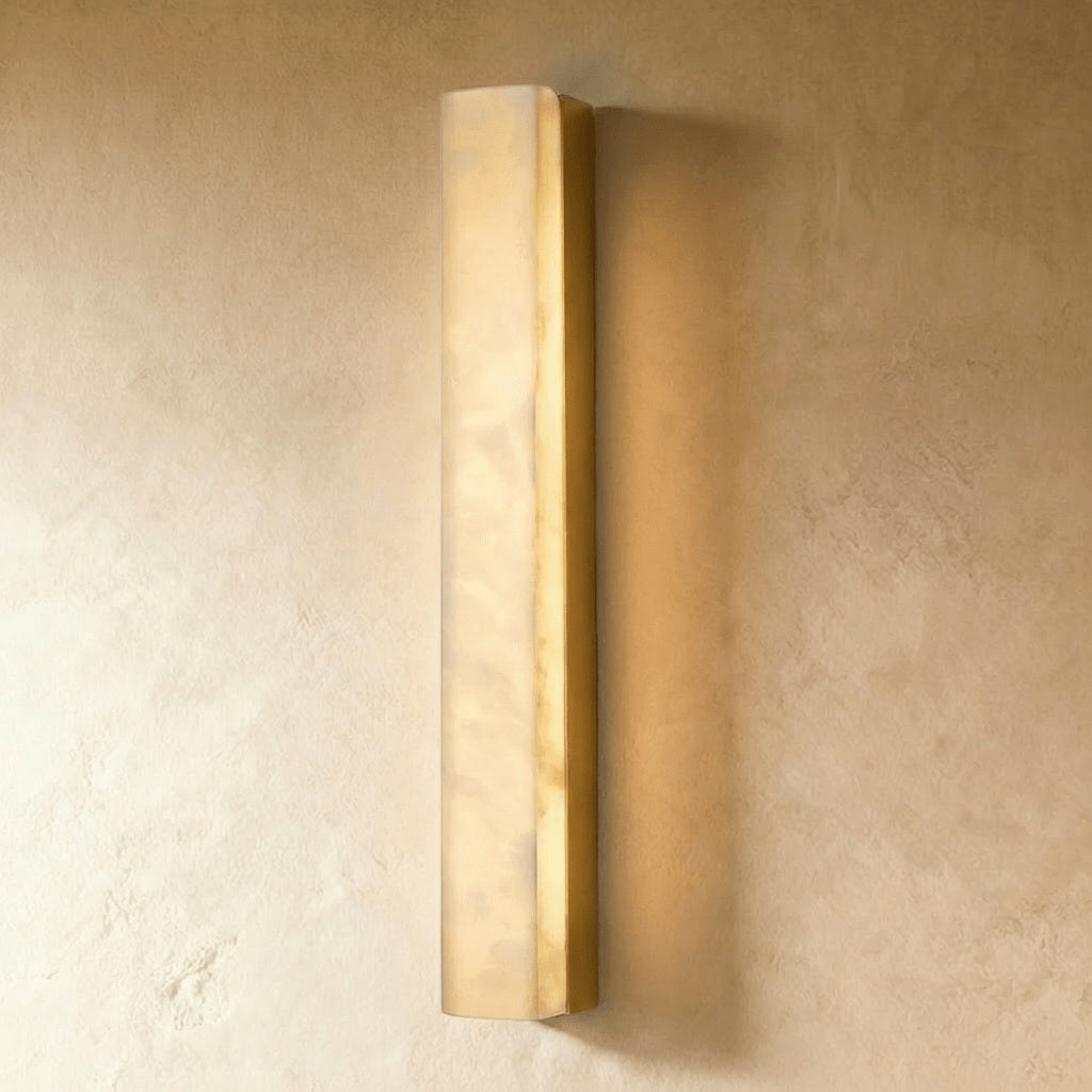Dara Alabaster Linear Wall Sconce gold hardware; source product view | CARRA HOME