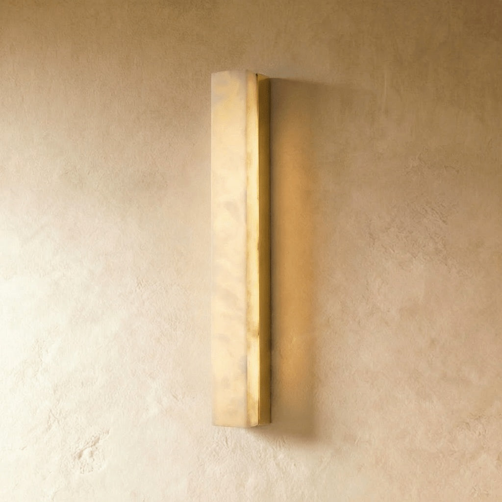 Dara Alabaster Linear Wall Sconce gold hardware; source product view | CARRA HOME