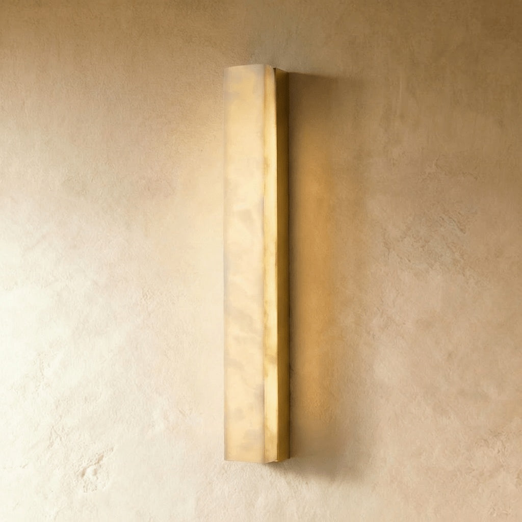 Dara Alabaster Linear Wall Sconce gold hardware; source product view | CARRA HOME