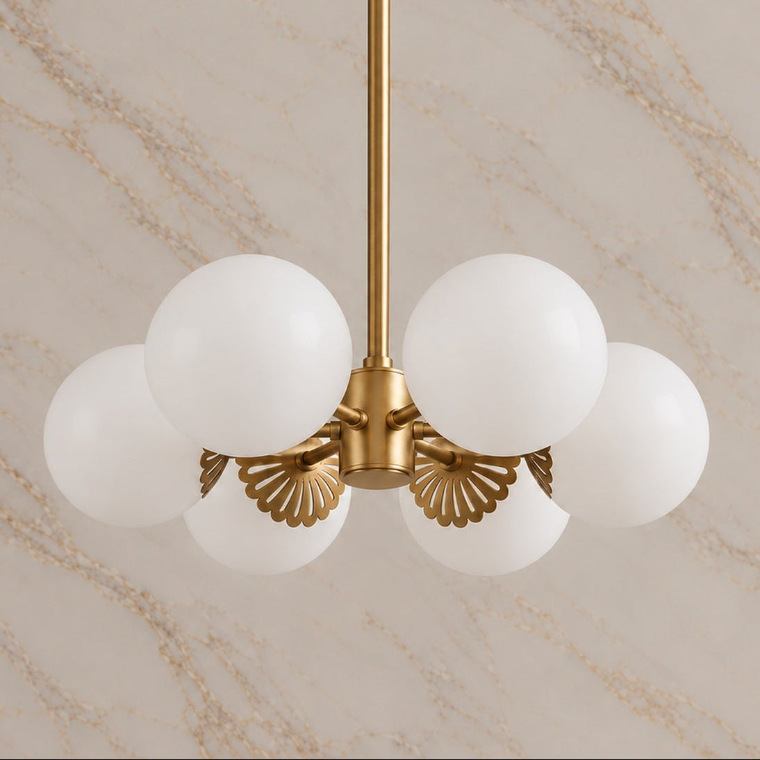 Dewdrop opal glass globe chandelier in gold with six lights switched off | CARRA HOME
