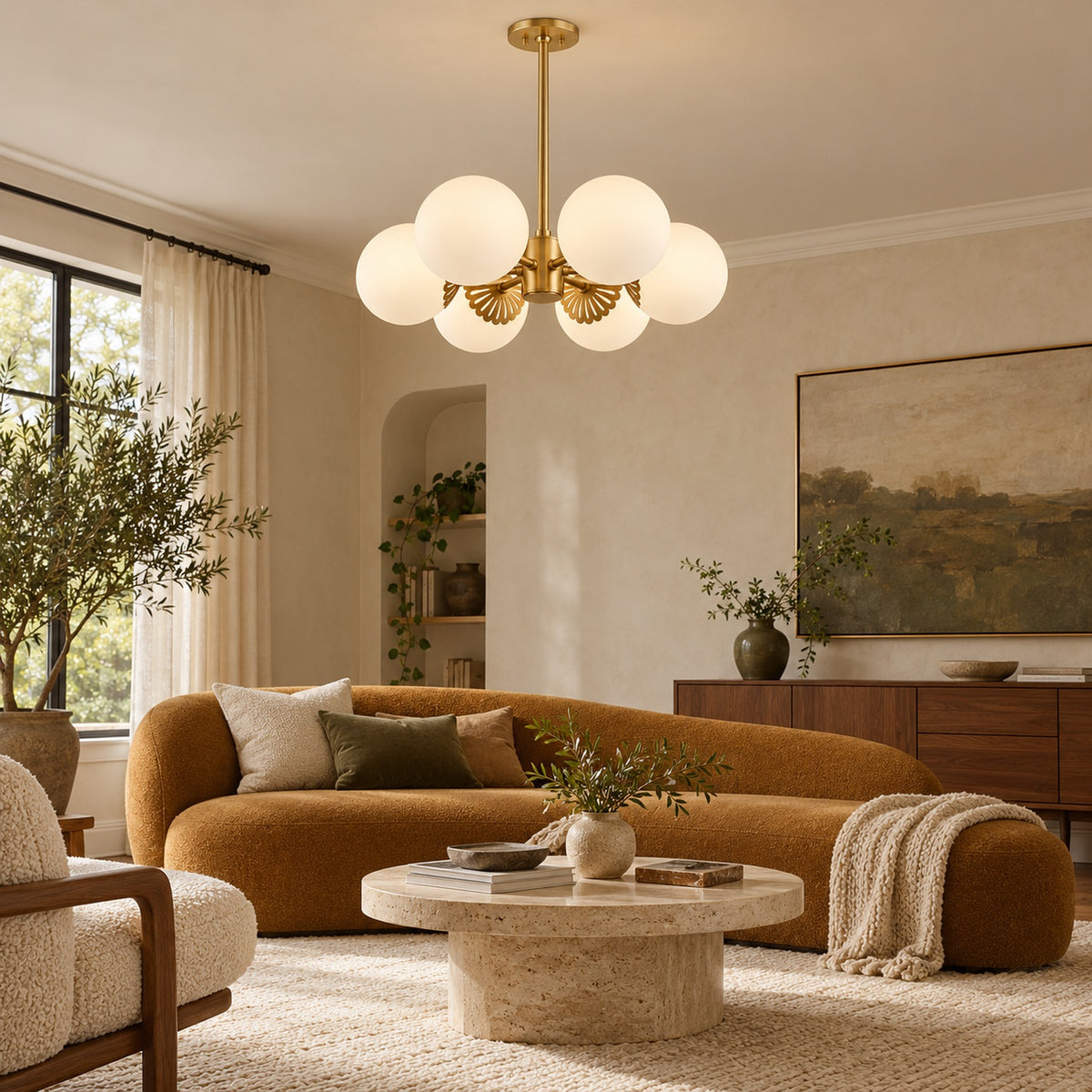 Dewdrop six-light opal glass chandelier in a warm transitional living room | CARRA HOME