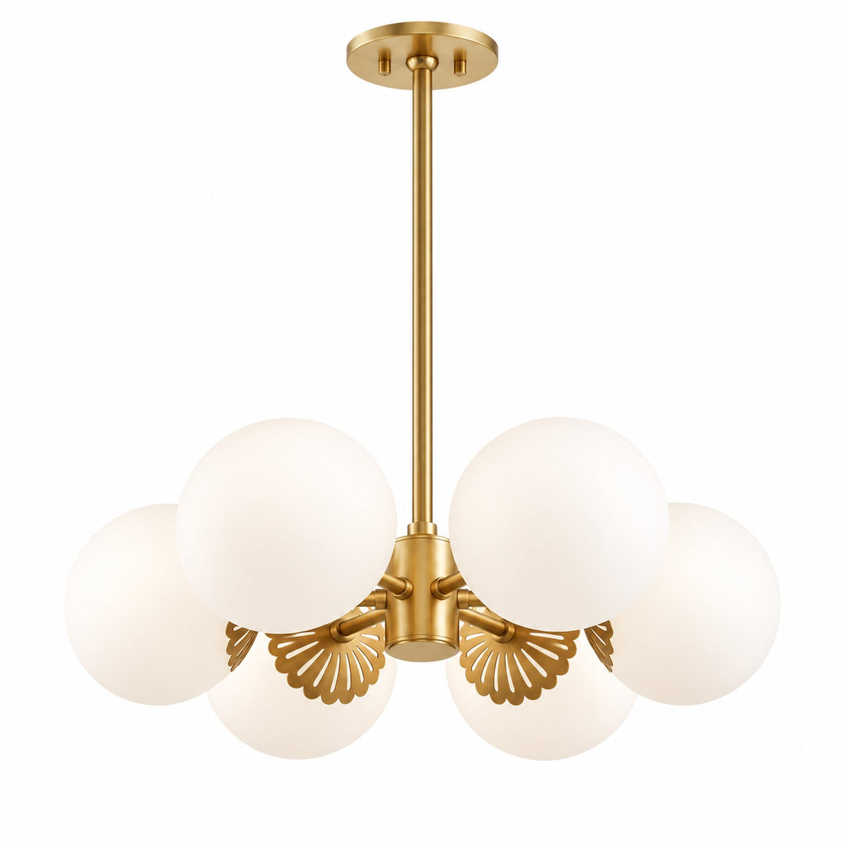 Full Dewdrop six-light opal glass globe chandelier with gold ceiling canopy on white | CARRA HOME