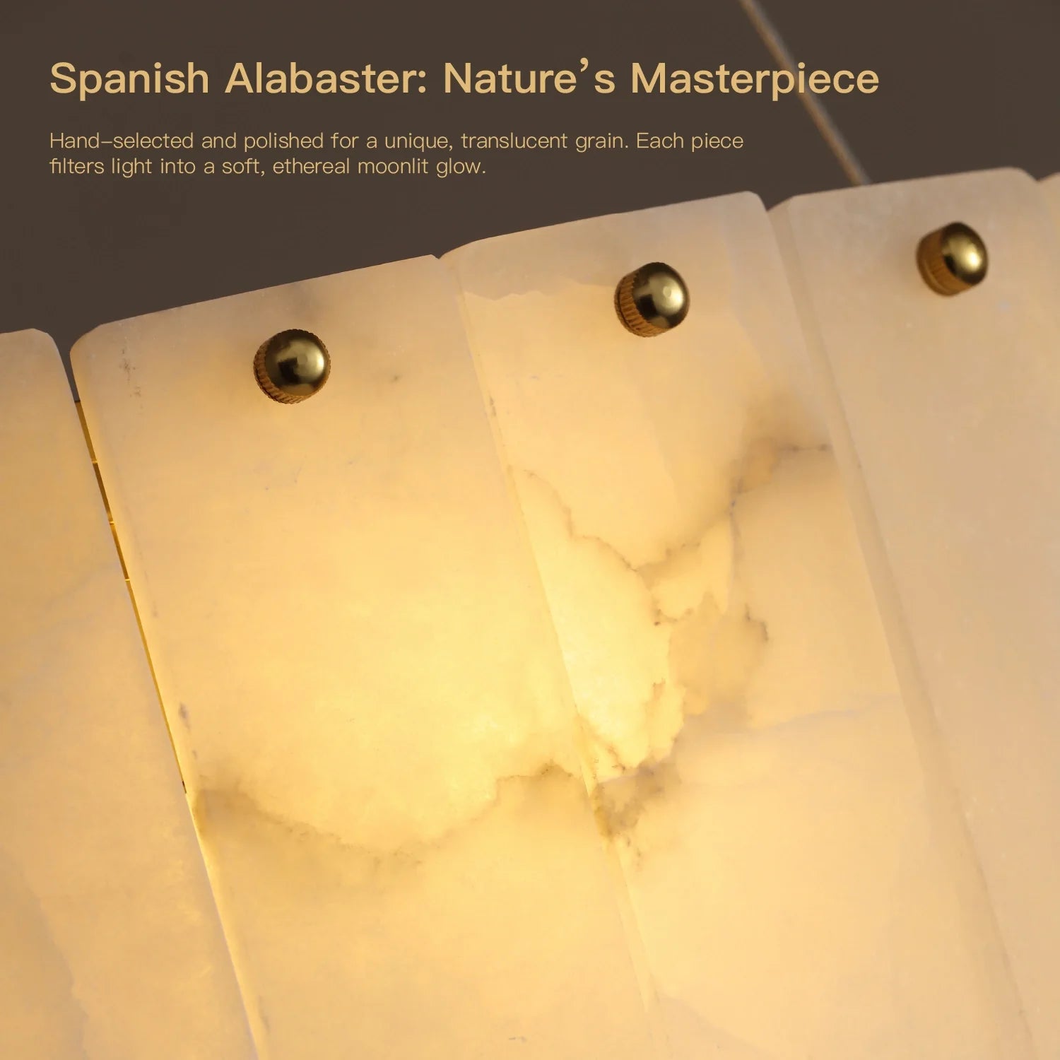 Spanish alabaster described as nature's masterpiece, hand-selected and polished for a unique translucent grain, with each piece filtering light into a soft, ethereal moonlight glow. Carra Home-carra-home