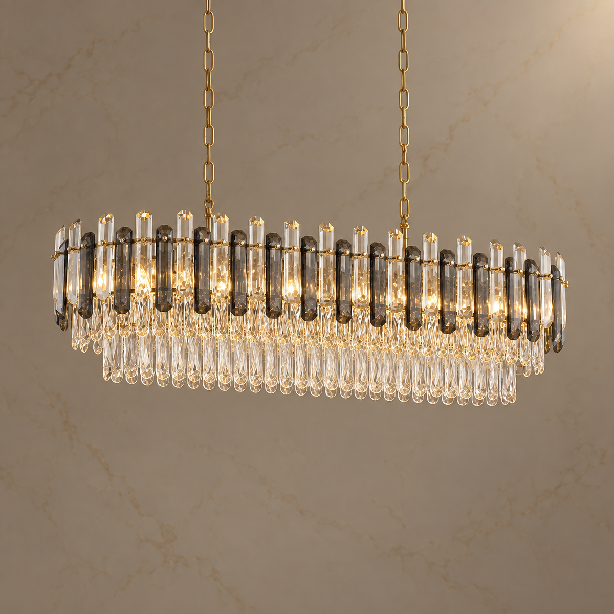 Elarisse Crystal Linear Island Chandelier illuminated