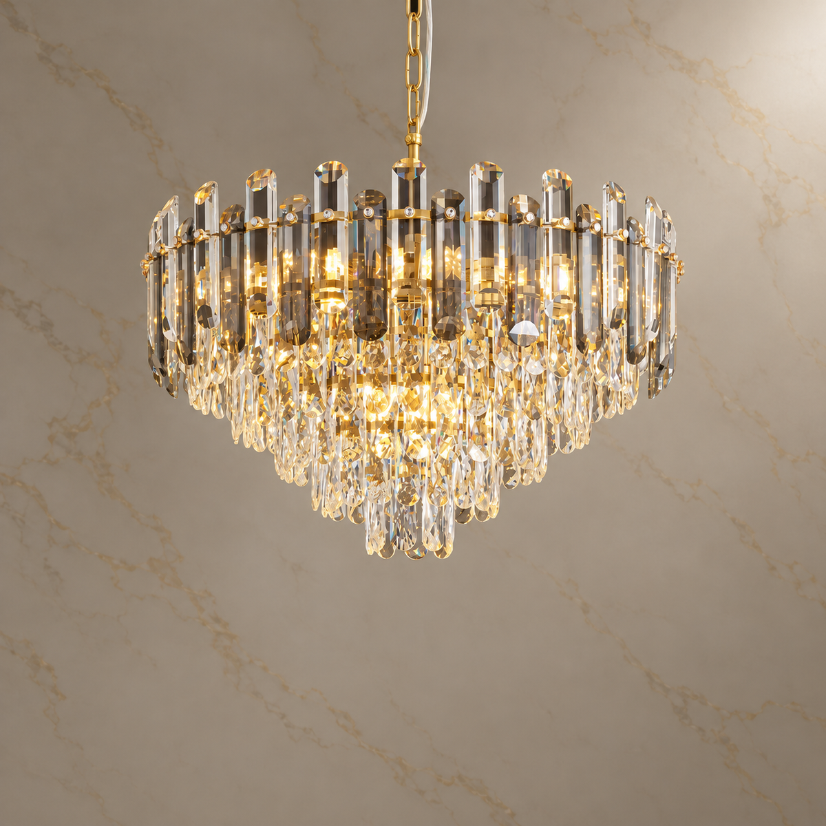 Elarisse Gold Crystal Prism Crown Chandelier illuminated