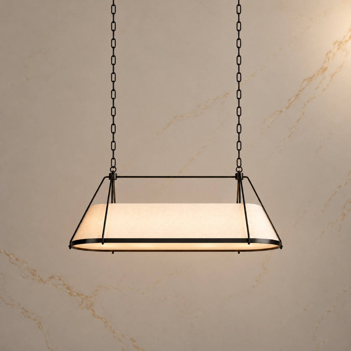 Ellery Linen Tapered Linear Chandelier, black light on with reference-matched frame and suspension | CARRA HOME