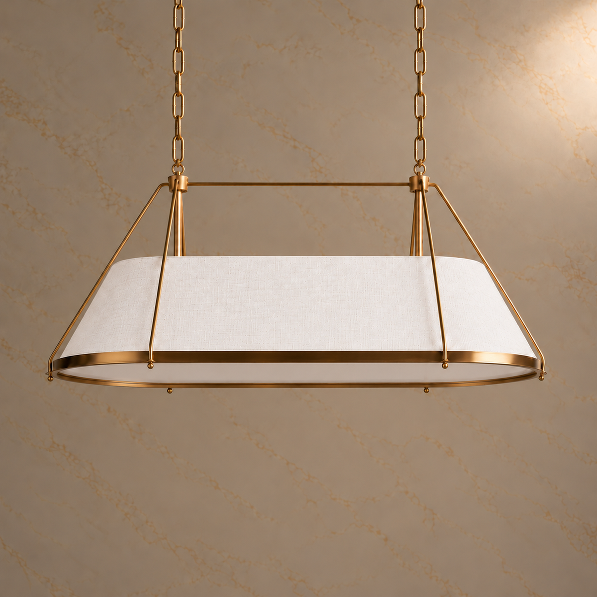 Ellery Linen Tapered Linear Chandelier switched off on a matching marble backdrop | CARRA HOME