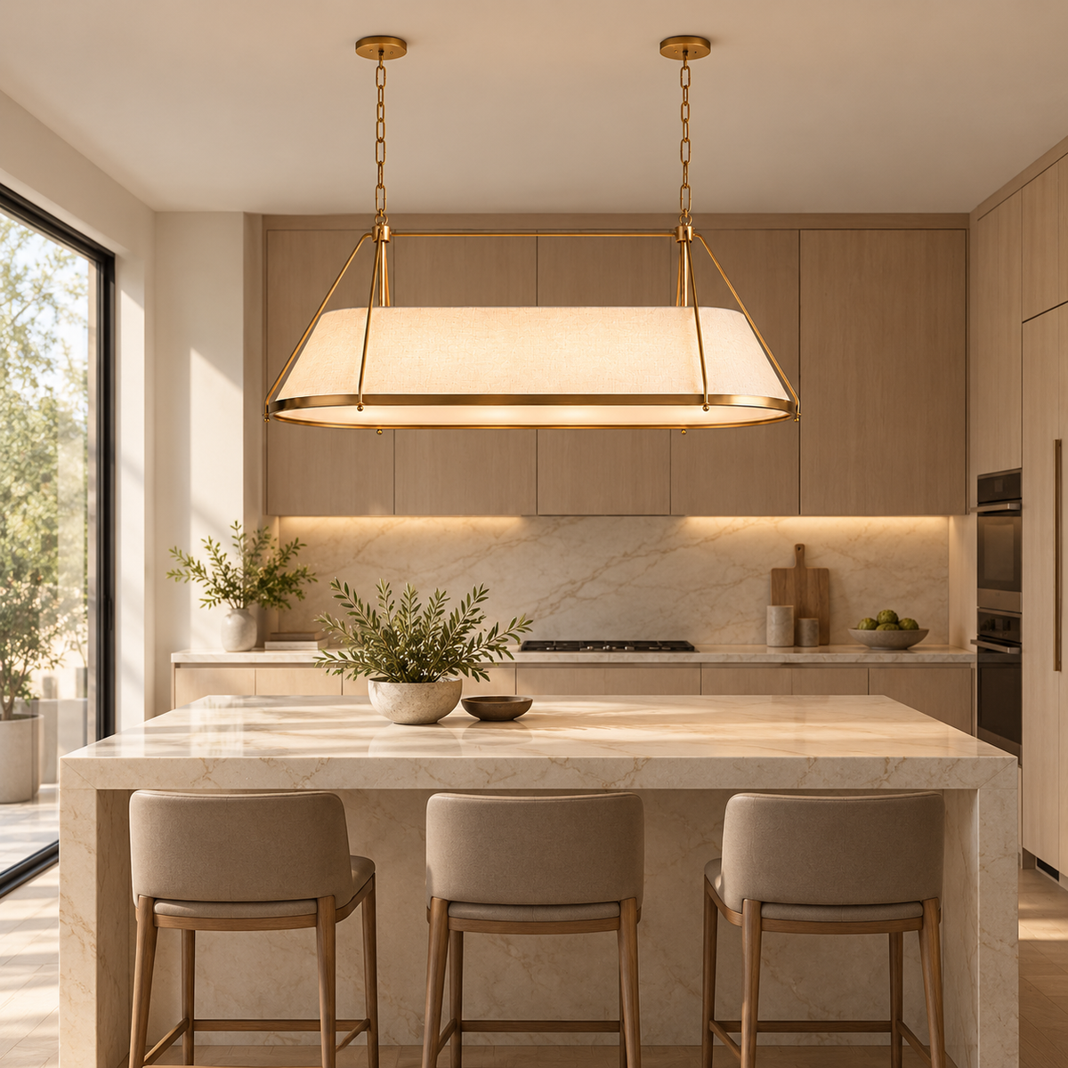 Ellery Linen Tapered Linear Chandelier, gold cream kitchen island with reference-matched frame and suspension | CARRA HOME