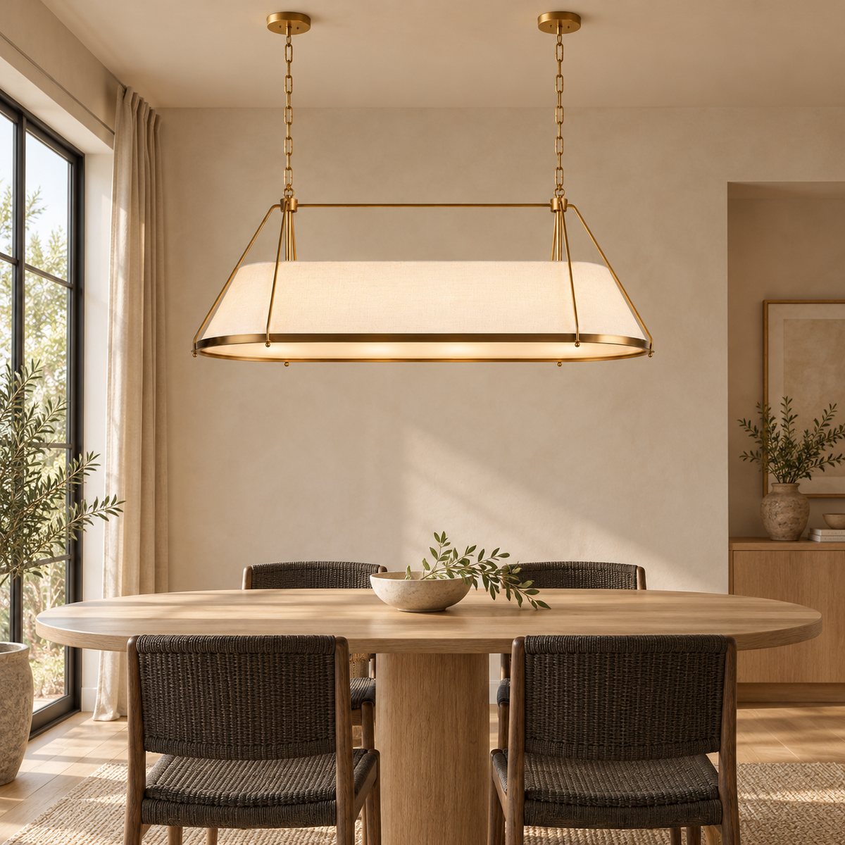 Ellery Linen Tapered Linear Chandelier, gold oak dining room with reference-matched frame and suspension | CARRA HOME