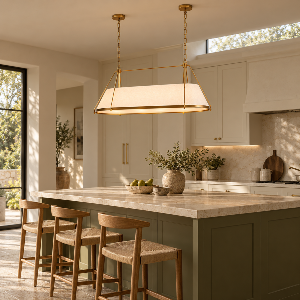 Ellery Linen Tapered Linear Chandelier, gold olive kitchen island with reference-matched frame and suspension | CARRA HOME