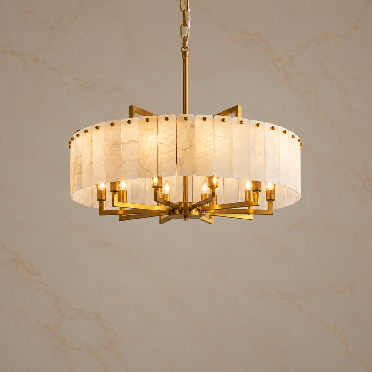 Elora Brass Alabaster Round Chandelier illuminated