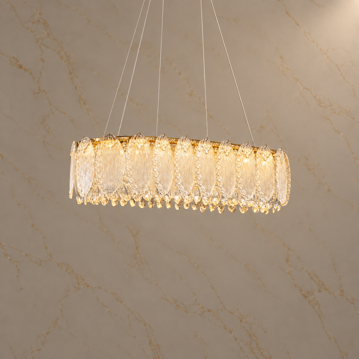 Elowen Crystal Glass Leaf Oval Chandelier illuminated