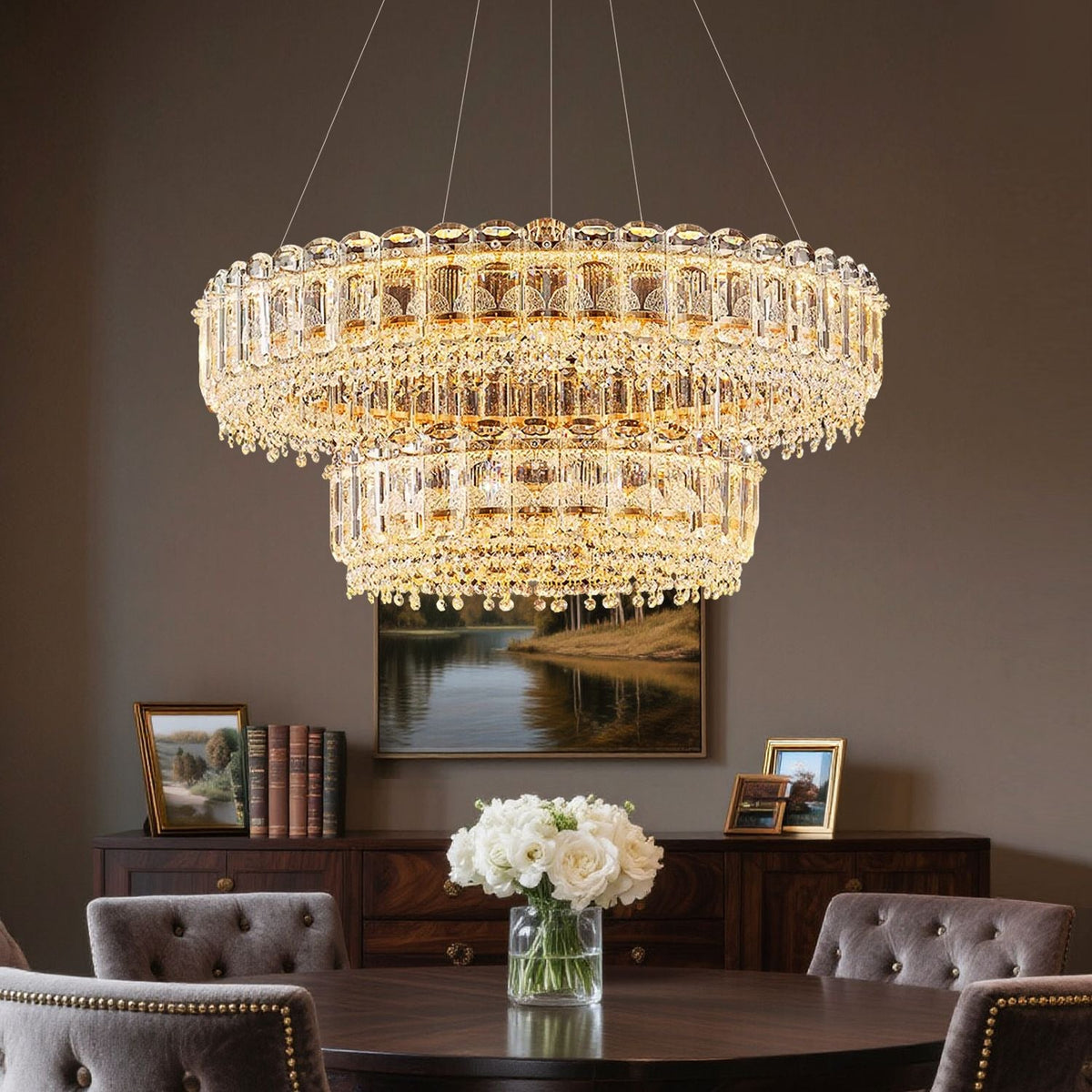Empire Gold K9 Crystal Double-Tier Chandelier above a dining table
