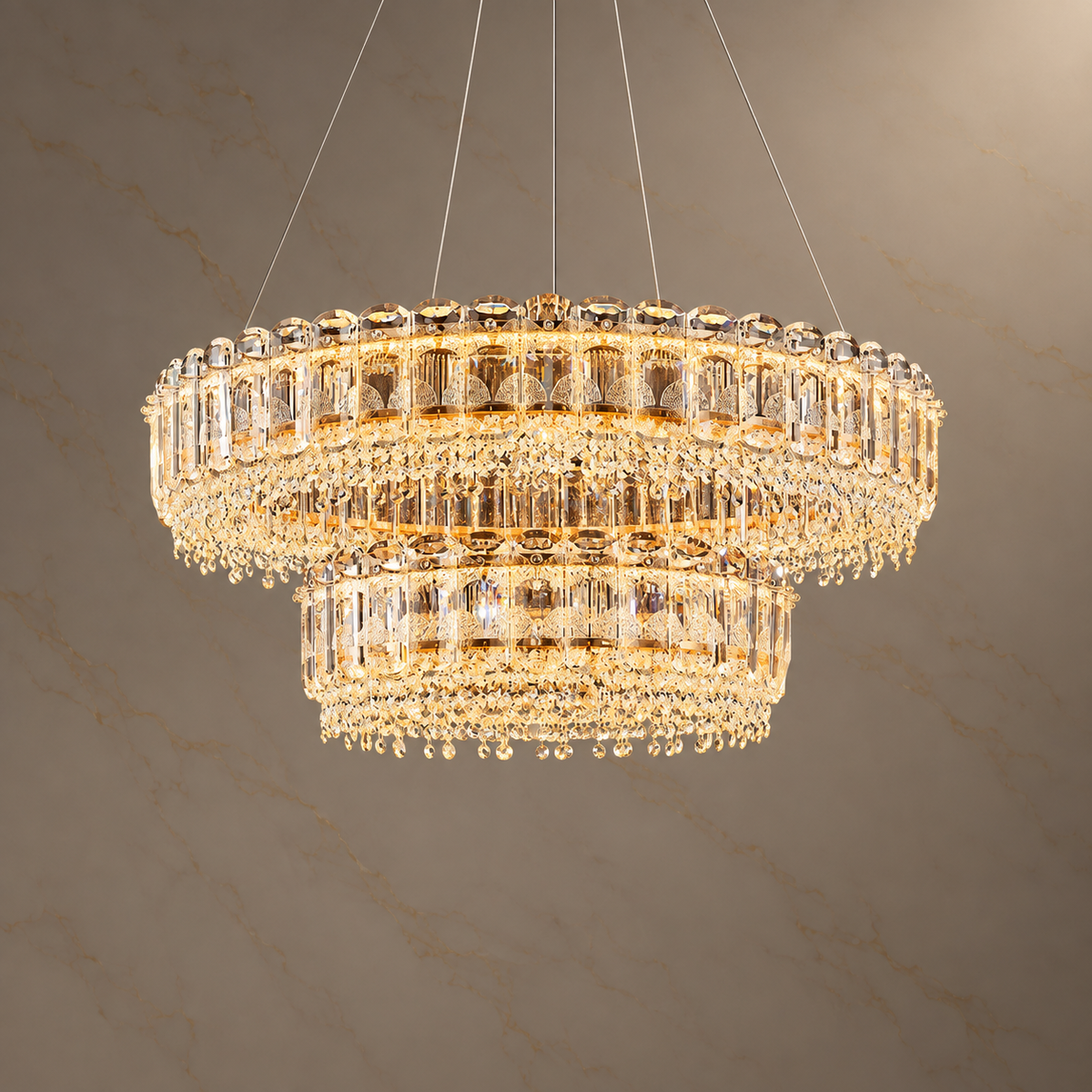 Empire Gold K9 Crystal Double-Tier Chandelier with lights on