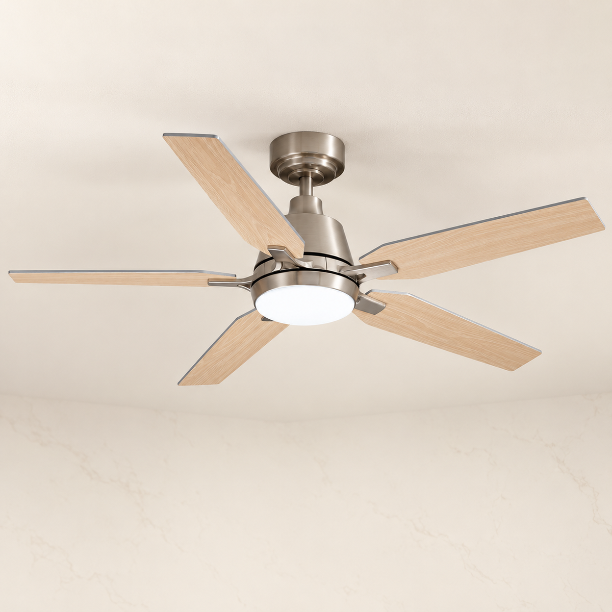 52-inch Brushed Nickel Smart Ceiling Fan illuminated