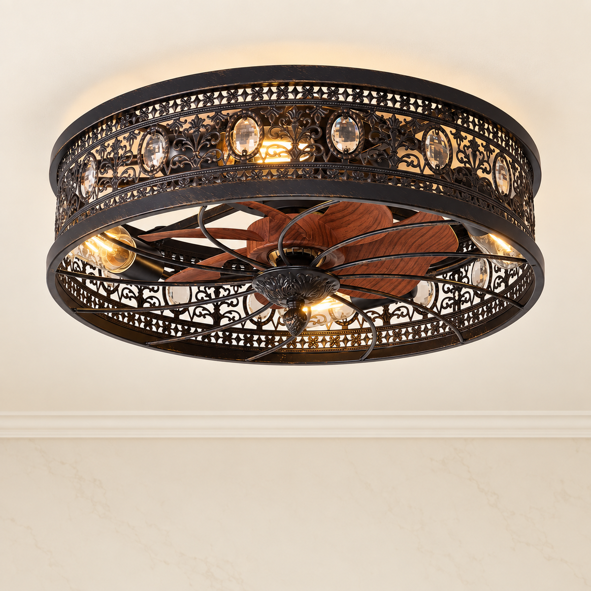 20-inch Farmhouse Flush Mount Caged Ceiling Fan