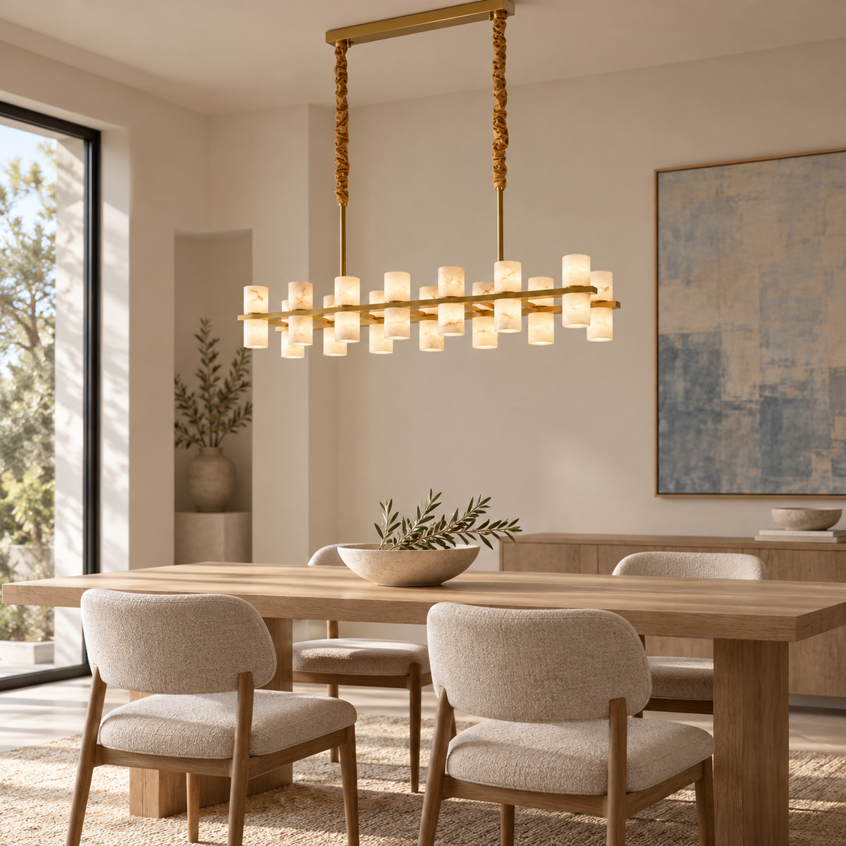 Filari alabaster cylinder linear chandelier, brass 85 cm, fourteen lights in dining room oak | CARRA HOME