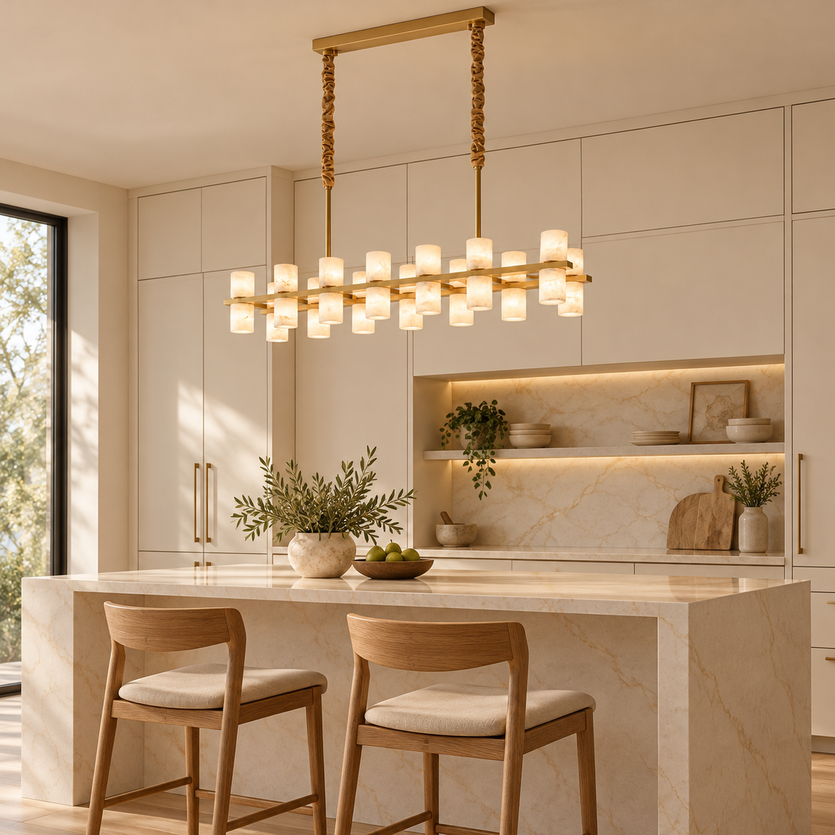 Filari alabaster cylinder linear chandelier, brass 85 cm, fourteen lights in kitchen island ivory | CARRA HOME